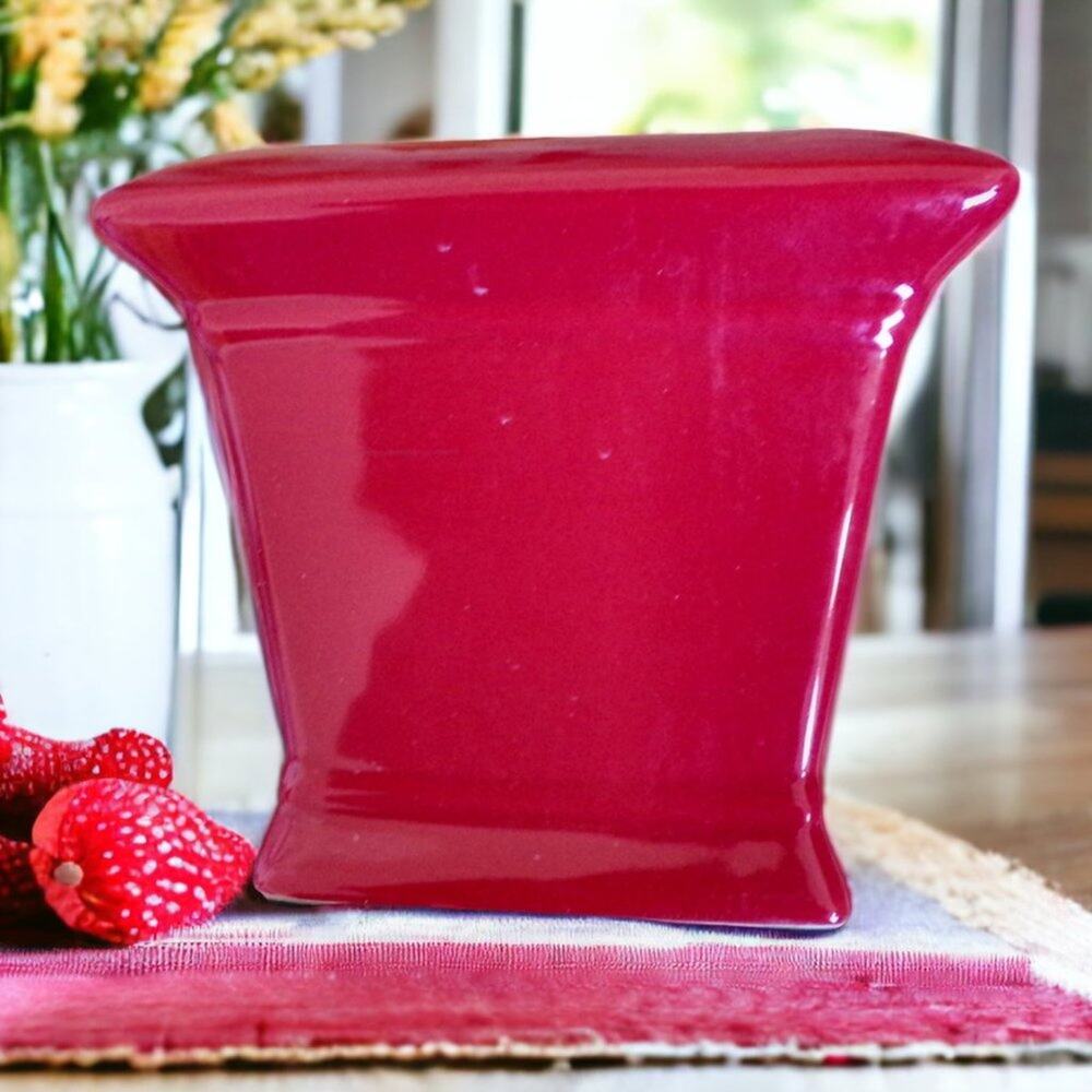 Bright Red Glazed Ceramic Tapered Sides Planter Small 5" tall 5.5" wide - Picture 2 of 3